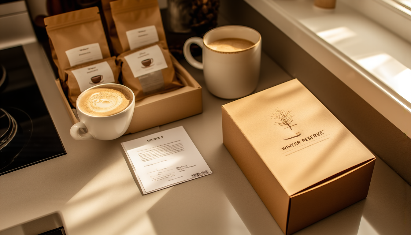 Two mugs and the Winter Reserve box on a morning counter
